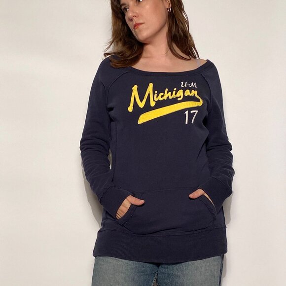 Vintage Y2K University of Michigan Boat Neck Tunic Sweatshirt w Kangaroo Pockets - Picture 3 of 11